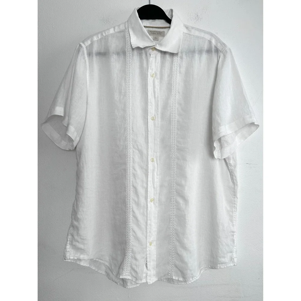Banana Republic Mens White 100% Linen Pintuck Guayabera Shirt Large Short Sleeve